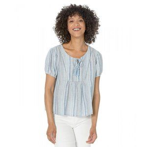 NEW $90 Lucky Open-Neck Embroidered Peasant Blouse! Blue Stripes Cotton & Linen